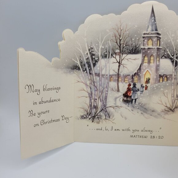 Vintage Christian Christmas Greeting Card Foldout Snow Churchyard Scene Made USA - Picture 6 of 8